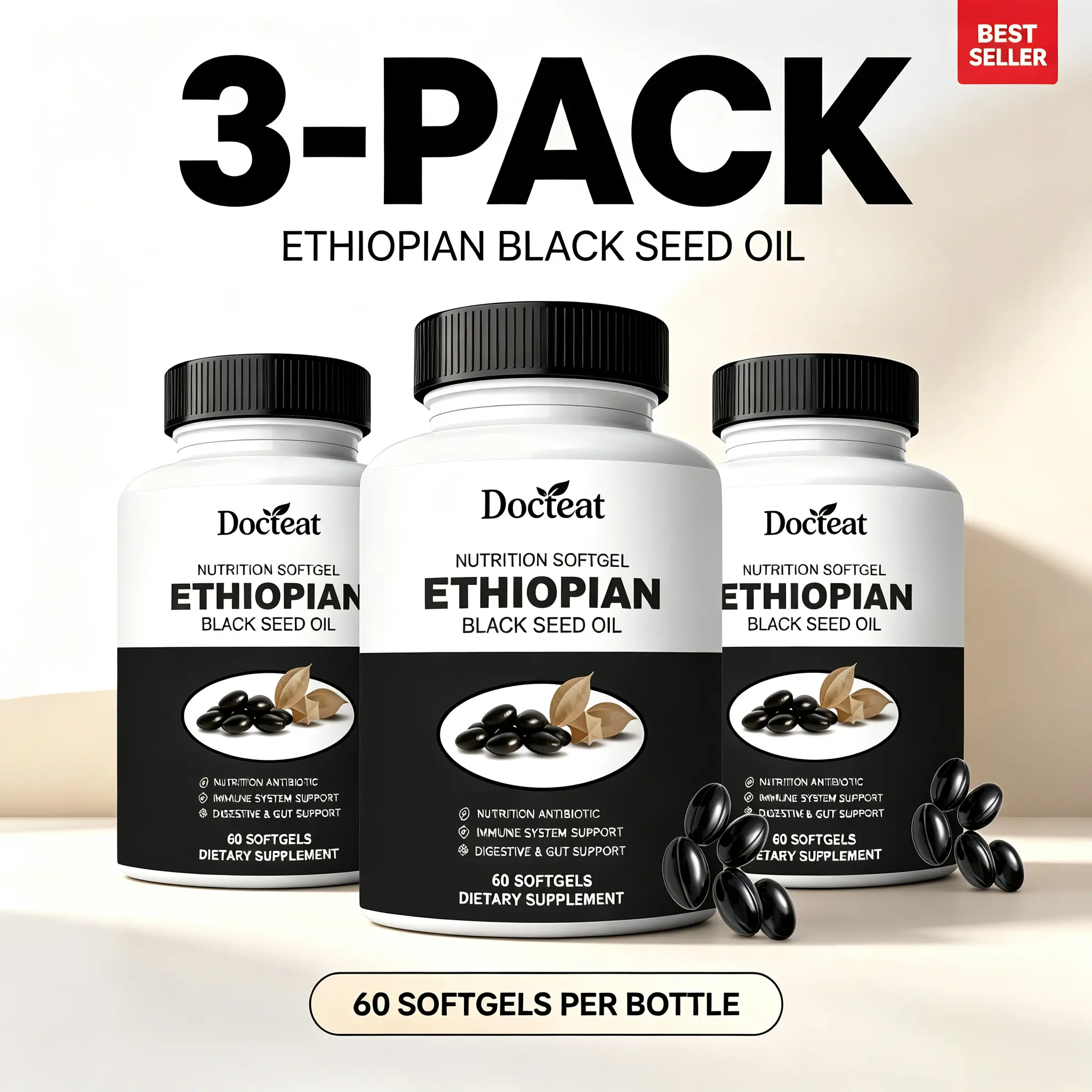 3-Pack Docteat Ethiopian Black Seed Oil Softgels 60 Capsules | Formulated with Vitamin C & Vitamin D3, Immune Support, Digestive & Gut Comfort, Maintain Daily Energy Balance Natural Dietary Supplement