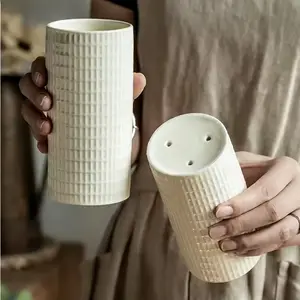 Relief Grid Texture Ceramic Chopstick Holder Drainage Storage Rack Chopstick Jar Knife Fork Spoon Storage Rack Storage Tool