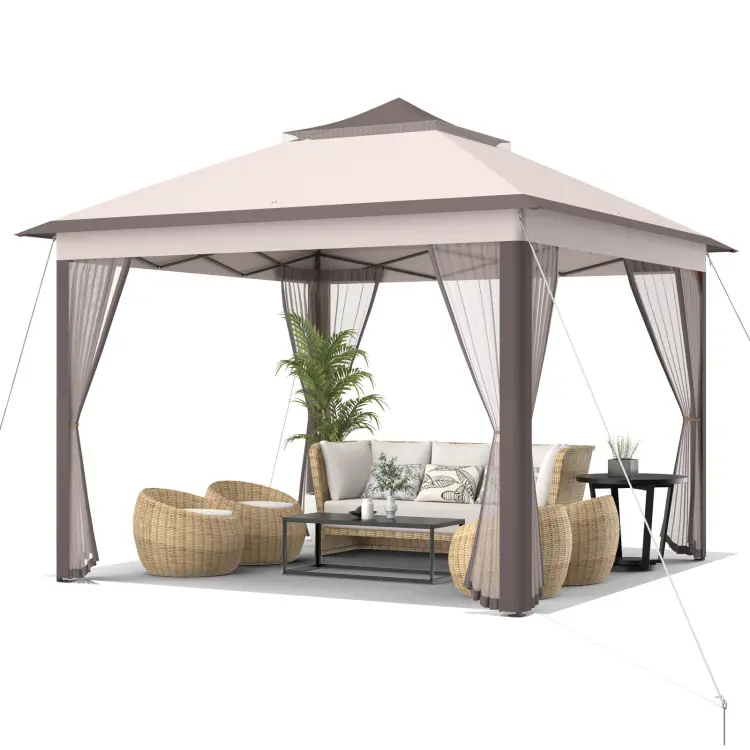 COSTWAY 11x11 Ft Pop up Gazebo, 2-Tier Patio Gazebo with Netting, Carry Bag, Easy Set up Outdoor Gazebo with 121 Square Feet of Shade for Backyard, De