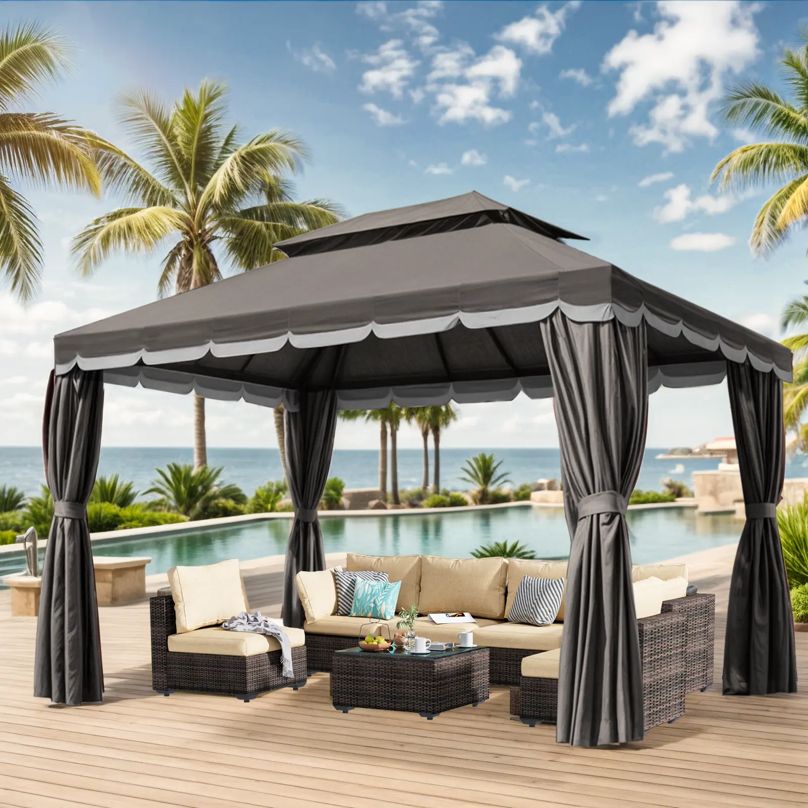 Gaptainer 10x13ft Outdoor Patio Gazebo - Large Patio Umbrella Shelters & Gazebos, Light Protection & High-Shading Shelters, Waterproof Double-Vented Sunshade Roof, Mosquito Netting, Curtains, Backyard Party Furniture, Gazebo Outdoor Patio