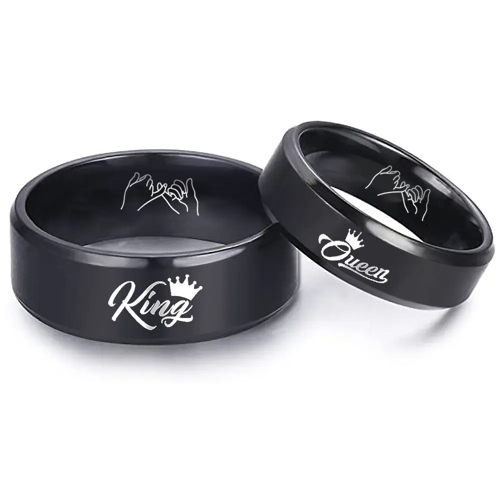 Customized Black Titanium Bridal Rings for Couples, Elegant King Queen Matching Set with a Heartfelt "Love You Forever" Engraving