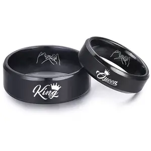 Elegant Black Titanium King-Queen Matching Wedding Ring Sets - "Love You Forever" Engraved, Personalized Gift for Lovers (Indoor Leisure Use)