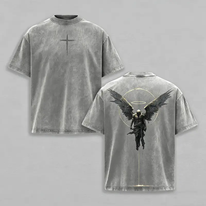 ARCHANGEL OF REPENTANCE T-Shirt Acid Wash PumpCover Fallen Angel Double Printed Heavy Cotton UnisexCrusader Armor Graphic Tee, Vintage Cross Shirt,Medieval Warrior Streetwear, Gothic Faith Oversized Tee