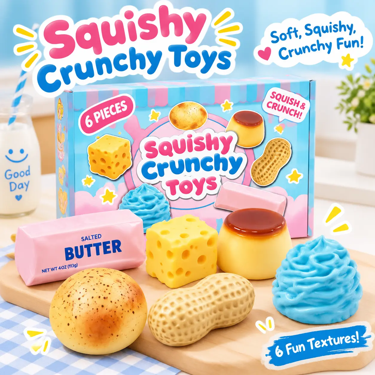 6‑Piece Boxed Food‑Shaped ASMR Sound Fidget Set, Squishy Crunchy Stress Relief Sensory Decompression Tools, Whimsical Gifts, Toys for Grown Ups, Sensory Room Supplies