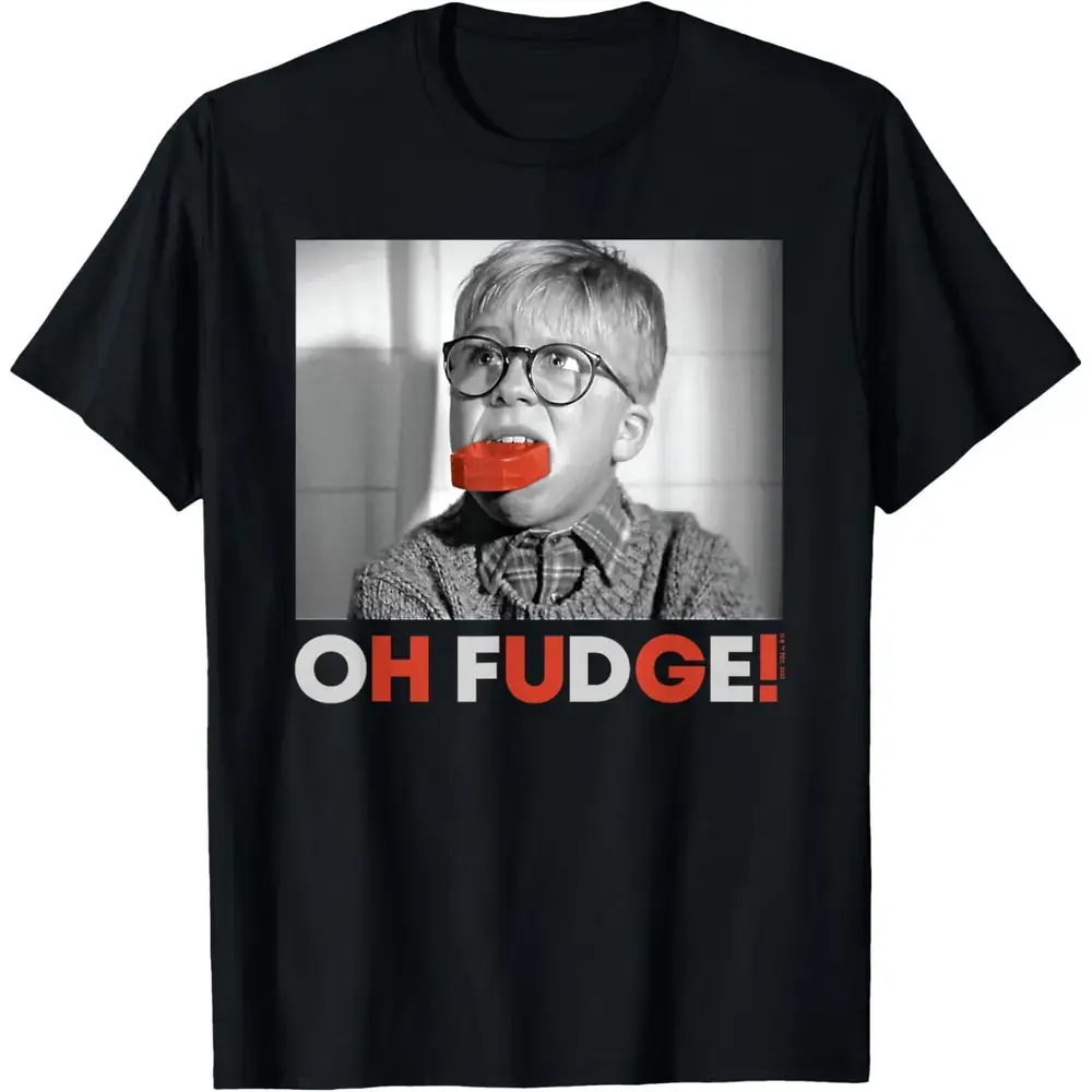 Men's "Oh Fudge" Christmas Story Graphic T-Shirt - Casual Wear Short Sleeve Retro Movie Quote Top, 100% Cotton, Round Neck, Comfortable Retro Print That Stands Out, Loose, Graphic Print