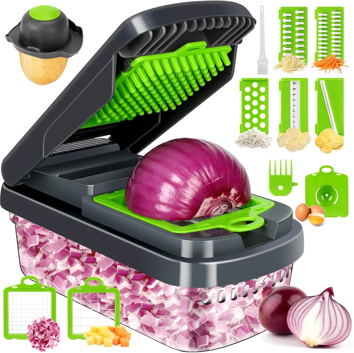 Yusshn Vegetable Chopper, 12-in-1 Food Veggie Chopper Cutter with Container | 7 Sharp Blades Dice, Slice, Shred and Grate for Salads, Onions and Meal Prep, with a Non-Slip Base and Drain Basket