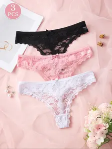 HOTCOM Elegant Lace Trim Panty Set, 3-Pack Women's Romantic Lace Thongs, Floral Pattern, Bow Decoration, Romantic Night, Sexy and Alluring, Multi-Color, Sizes S-Xl,Spring Refreshing Update