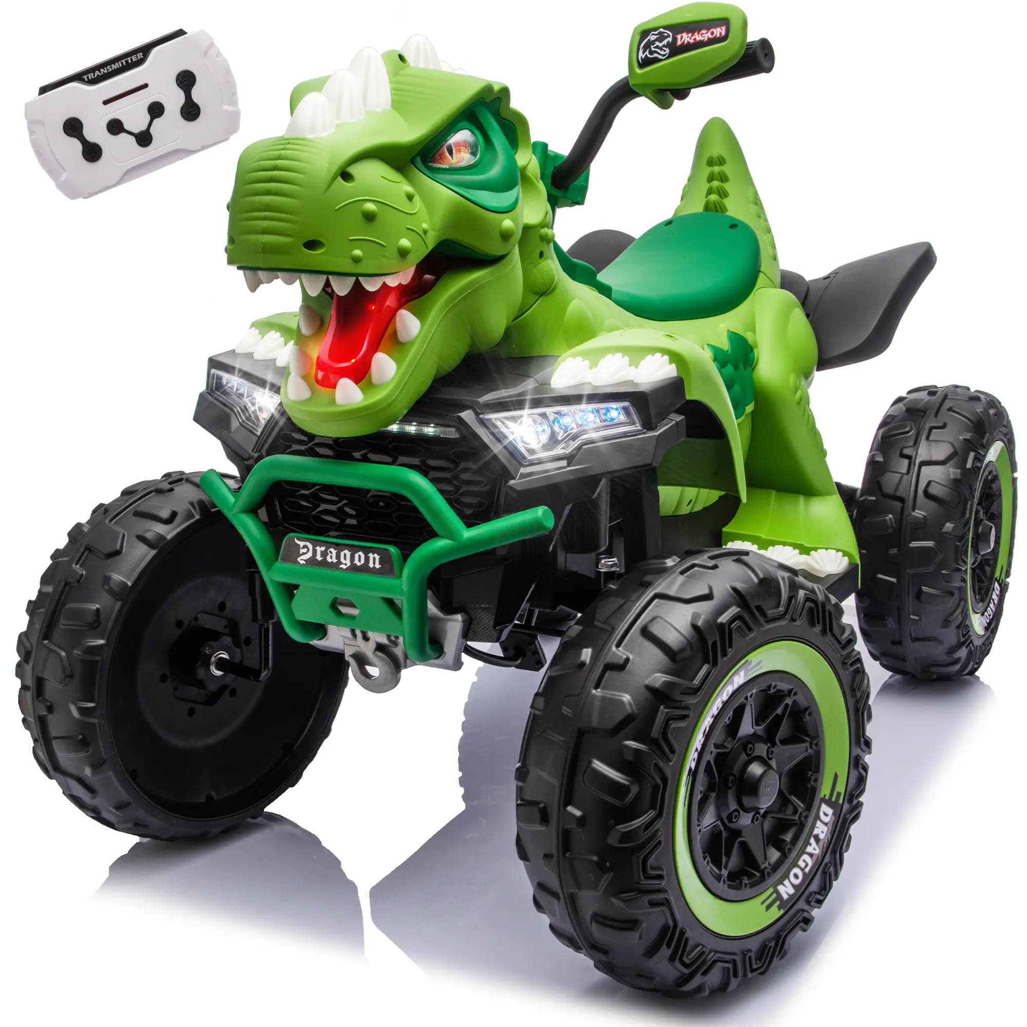 Summerwins Unisex 24V Dinosaur Theme Remote Control Kart - 2-Seater PP Plastic Battery-Powered ATV for 3-8 Yrs Kids (46.3 lbs, 110 lbs Load, 12V Backup), 4-Wheel Suspension, LED Lights, Bluetooth Audio, 3 Adjustable Speeds, ASTM Certified Sparks Play Gift