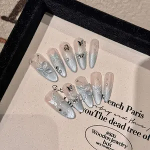 10pcs Handmade Long Point Round Nails, Pretty False Nails, Mint Wave Cat Eye Alloy Butterfly Oval Transparent Stacked Drills, Detachable, for Women