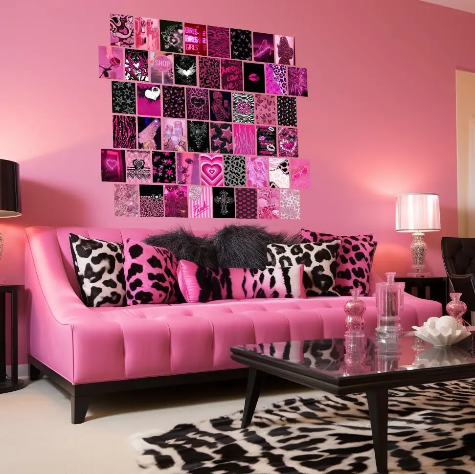Room Decor Aesthetic Wall Collage Kit, Trashy Y2k Posters for Girls bedroom, 2000s Hot Pink Wall Art, Emo Baddie Prints for women Apartment.(Set of 50, 4" × 6")