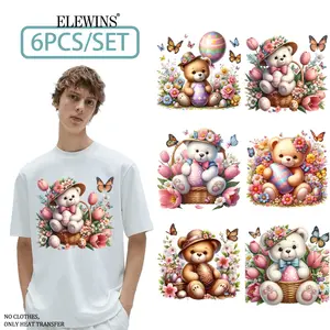 6 pieces of Easter teddy bear gold foil heat transfer, DTF transfer gold foil. Perfect for T-shirts, hoodies, jeans, backpacks, and pillows, machine-washable plastic | washable plastic transfer paper suitable for both men and women.