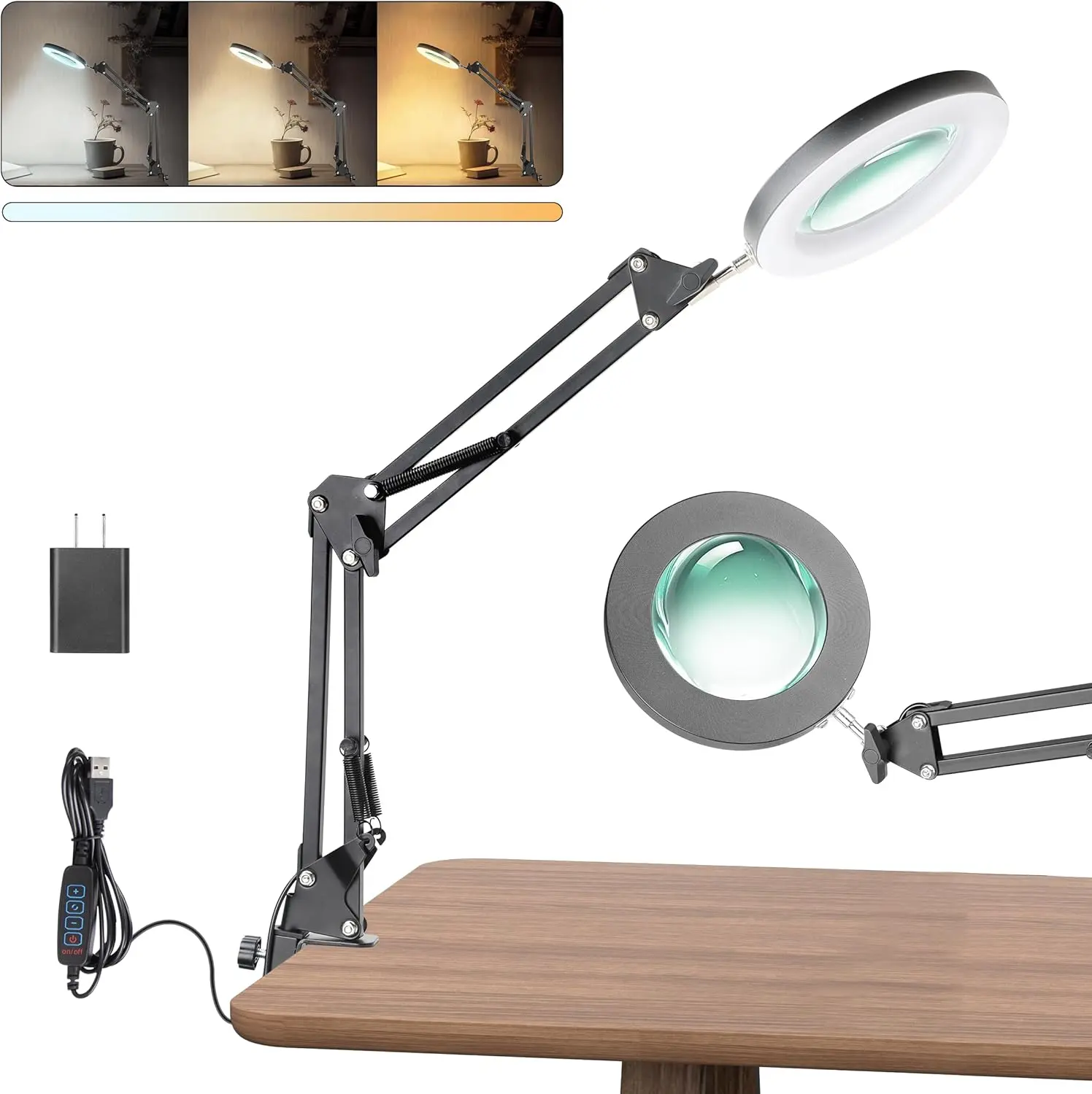 UBeesize 10X Lighted Magnifying Glass with Stand & Clamp - Illuminated Magnifier, Hands-Free, Reading Support, Adjustable Brightness Desk Lamp (Includes Magnifier, Hands-Free, Reading Support, Adjustable Lamps Bases & Shades) for Close Work, Crafts, Illum