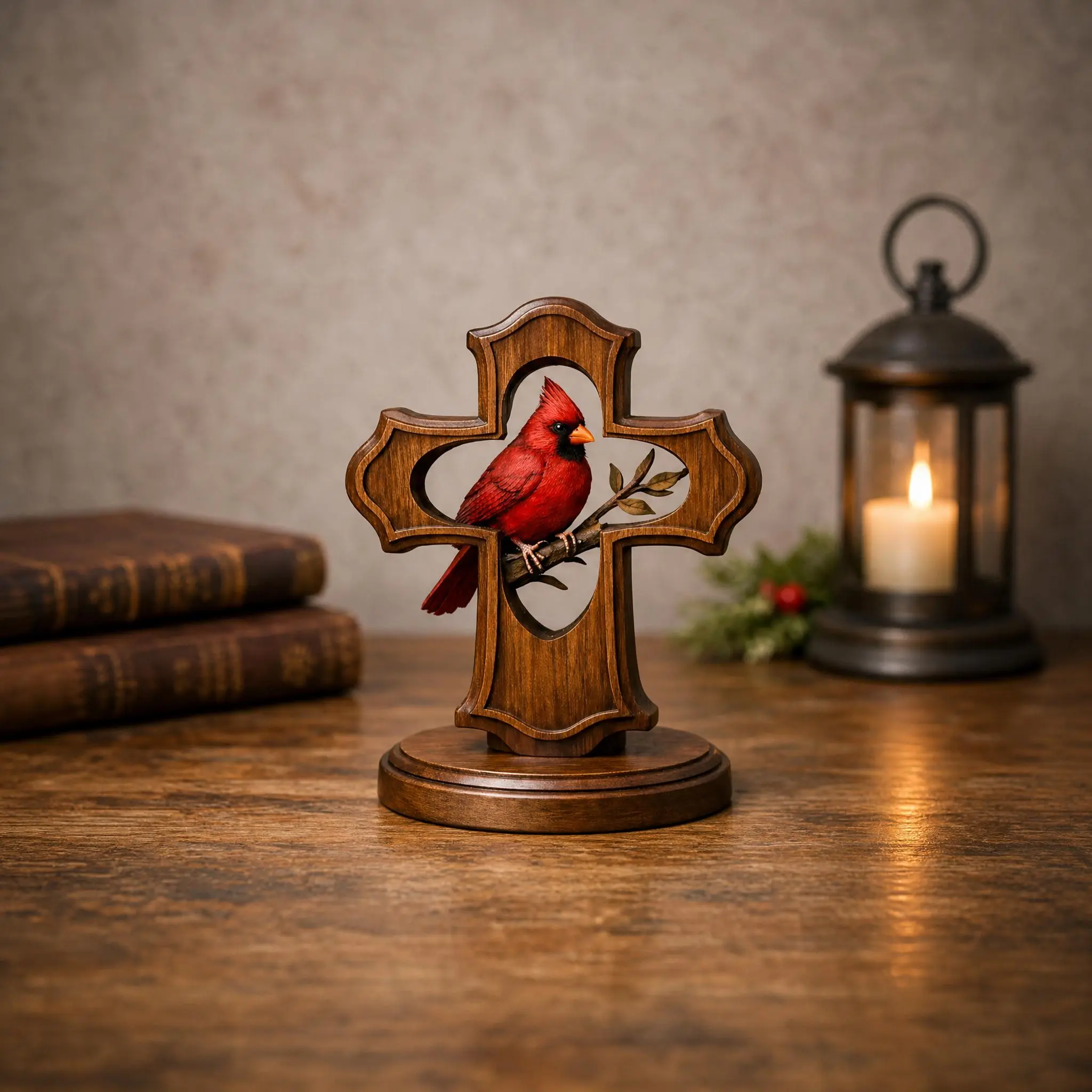 Nordic Style Resin Red Bird Statue Figurine with Wood-Look Finish, Trendy Desktop Ornament, Modern Home Decor Shelf Accent, Interior Decoration Accessory, Ideal Gift for Supplies Enthusiasts