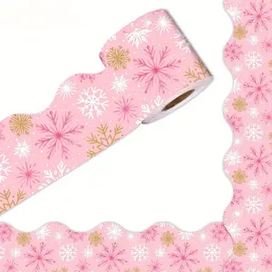 65FT Christmas Bulletin Board Border, Self-Adhesive Gold Pink Winter Snowflake Scalloped Edge Trim, Classroom Door & Wall Decor, Festive Party Decoration