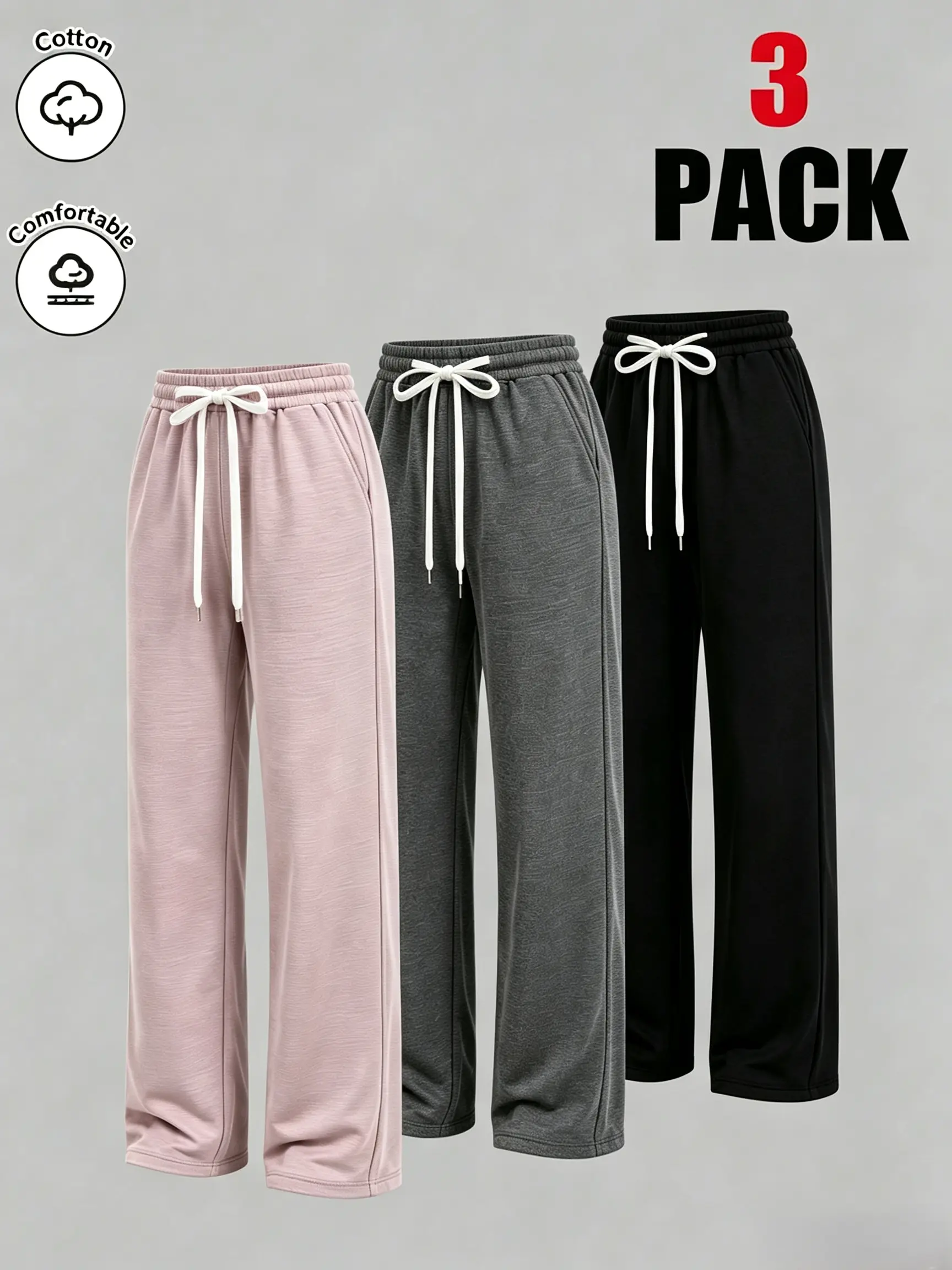 Women's 3-Pcs Comfortable Drawstring Waist Joggers, Multi-Color Pants for Women, Multi-Pack Casual Sports & Outdoor Wear, Women's Pants Multi Pack