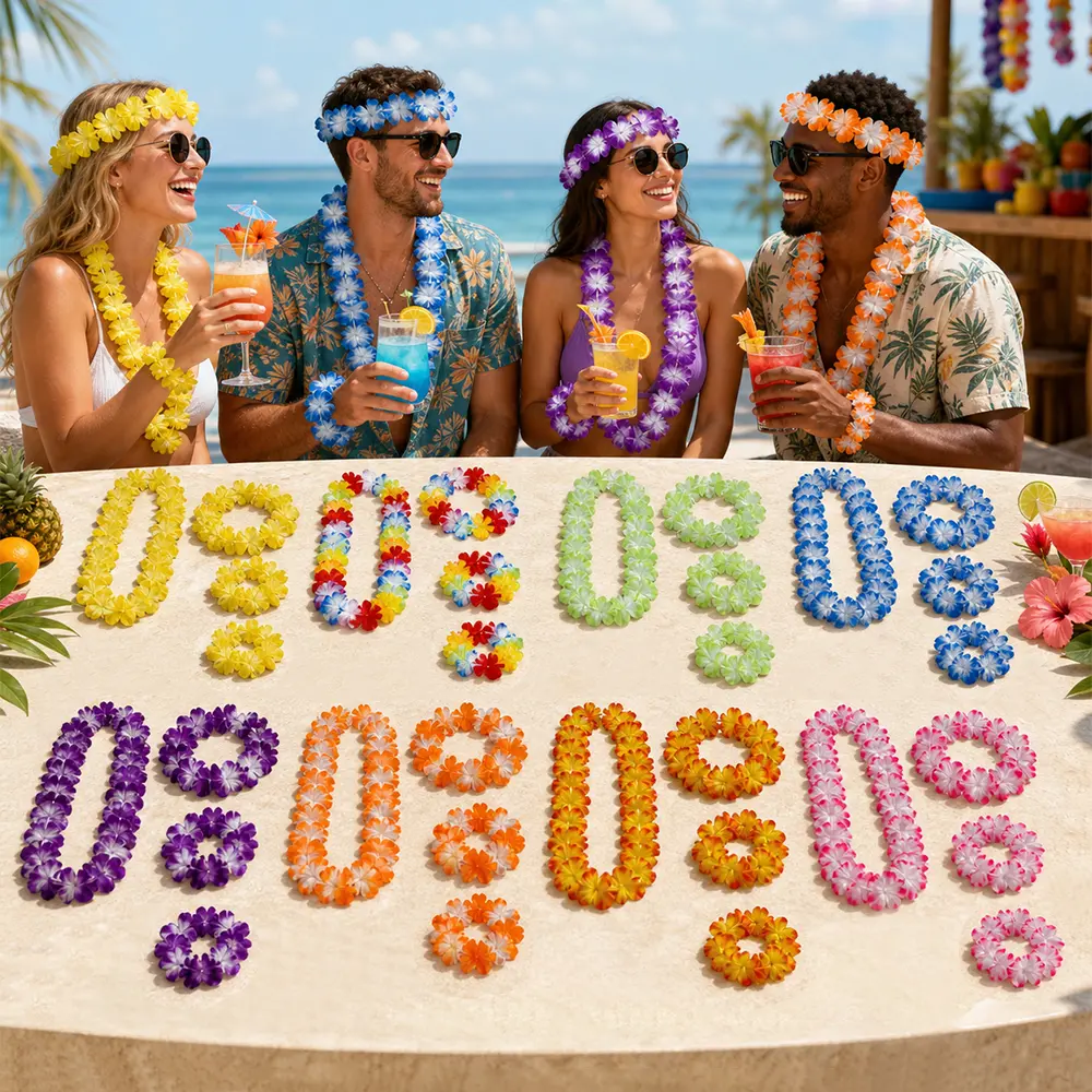 64Counts Hawaiian Leis, Luau Party Supplies of Elastic Flowers Necklaces, Headbands and Wristbands - Tropical Hawaiian Decorations, Beach Party Decorations, Birthday Party Favors