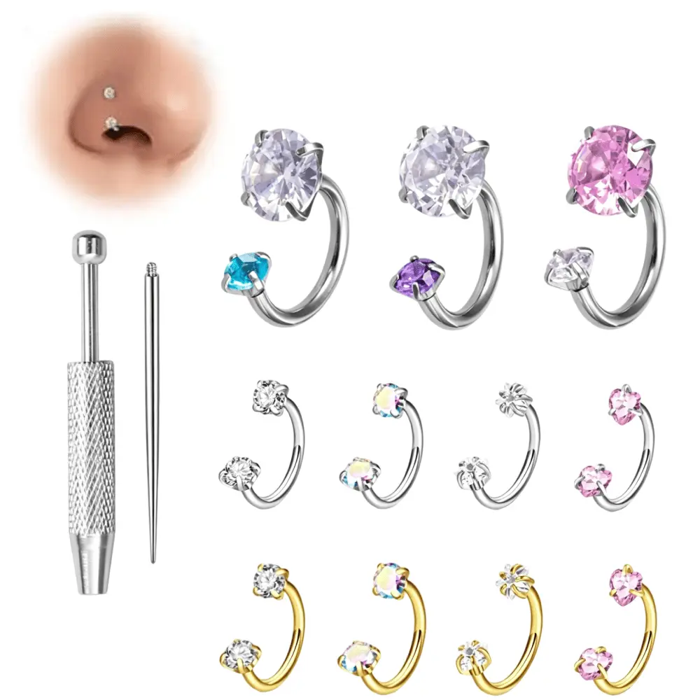 Women's 11pcs 18g Surgical Steel Horseshoe Nose Ring Set with Tool - Double Gem, Silver & Gold Options for Nose Piercing, Cartilage, Helix, Tragus, Labret & Lip Jewelry