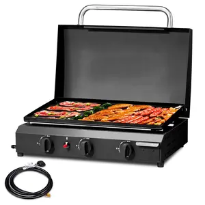 3 Burner Gas Griddle with Hood, Outdoor Propane Griddle, 30000 BTU Propane Fuelled, Portable Flat Top Gas Grill Camping Griddle with Lid for Outside Cooking Camping Tailgating