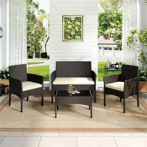 Yaheetech 4-Piece Patio Furniture Set Hand-Woven PE Rattan Conversation Set with Soft Cushions & Tempered Glass Table for Backyard Garden Poolside