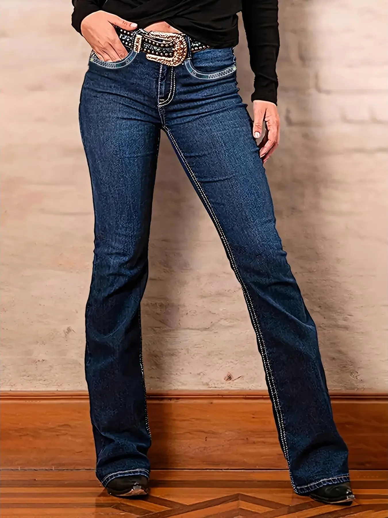 Women's High Waist Dark Wash Cross Embroidery Flared Jeans, Stretch Slim Bootcut Denim Pants with Rhinestone Pocket Details, Y2K Western Streetwear Jeans for Daily Shopping Country Concert Weekend Club Outfits campingessentials