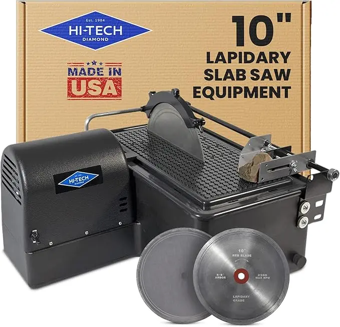 Hi-Tech Diamond - 10" Lapidary Equipment Slab Saw for Stone Cutting Rock, Glass, Slabbing, Machine for Cutting Rocks - Includes TWO 10" Diamond Saw Blades & Vise Attachment