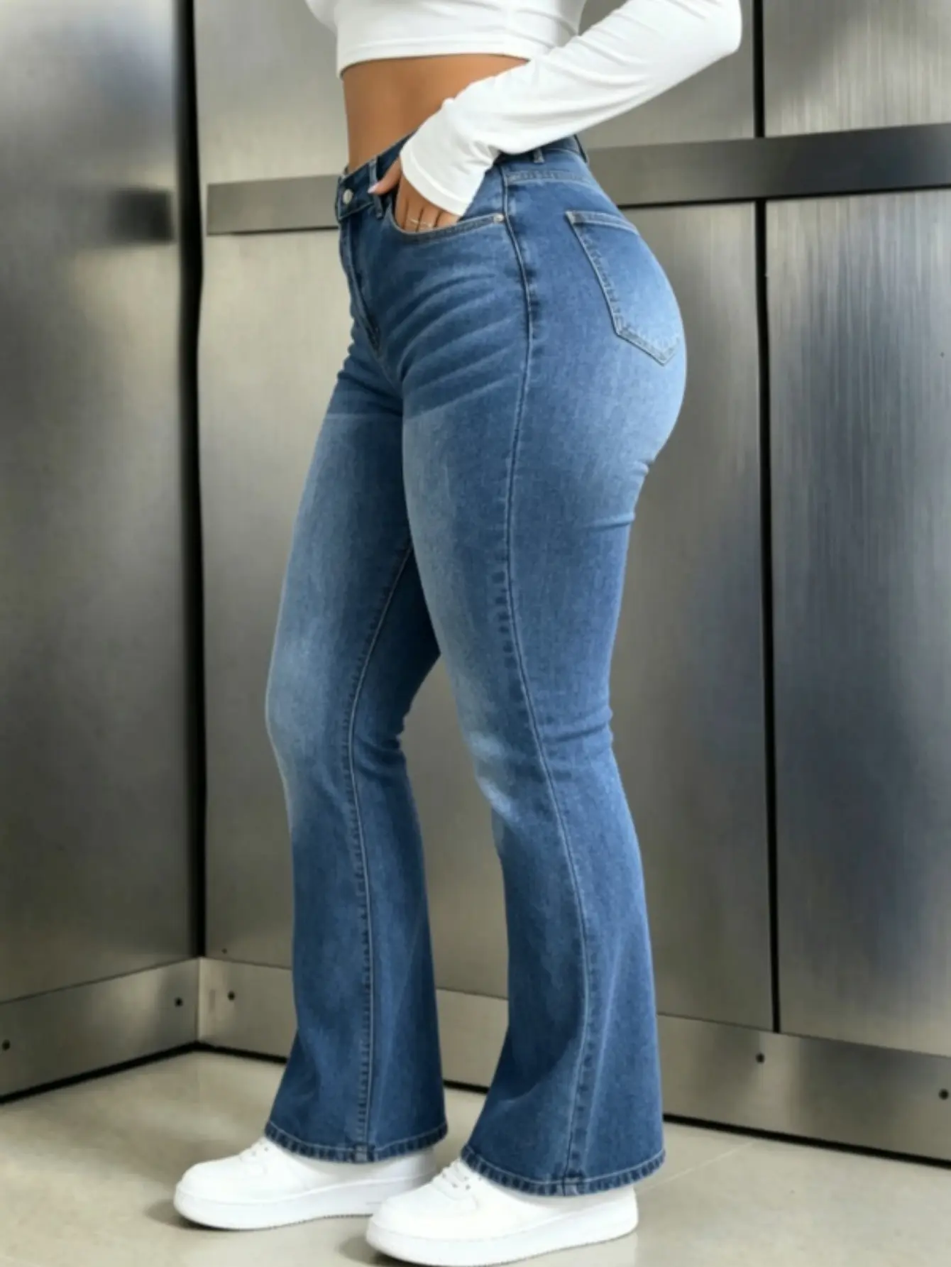 [plus size] WH53 High Waisted High Stretch Crossover Denim Jeans for Women Flare Leg Bootcut Denim with Pockets Trendy & Flattering