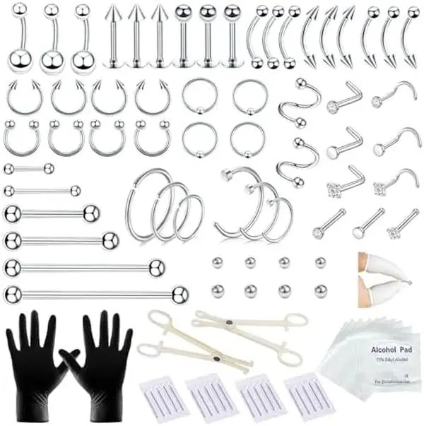 98PCS Body Septum Piercing Kit 14G 16G Tools For Nose Tongue Lip Eyebrow Belly Button Cartilage Tragus Industrial Barbell Helix Daith Piercing Jewelry Clamps