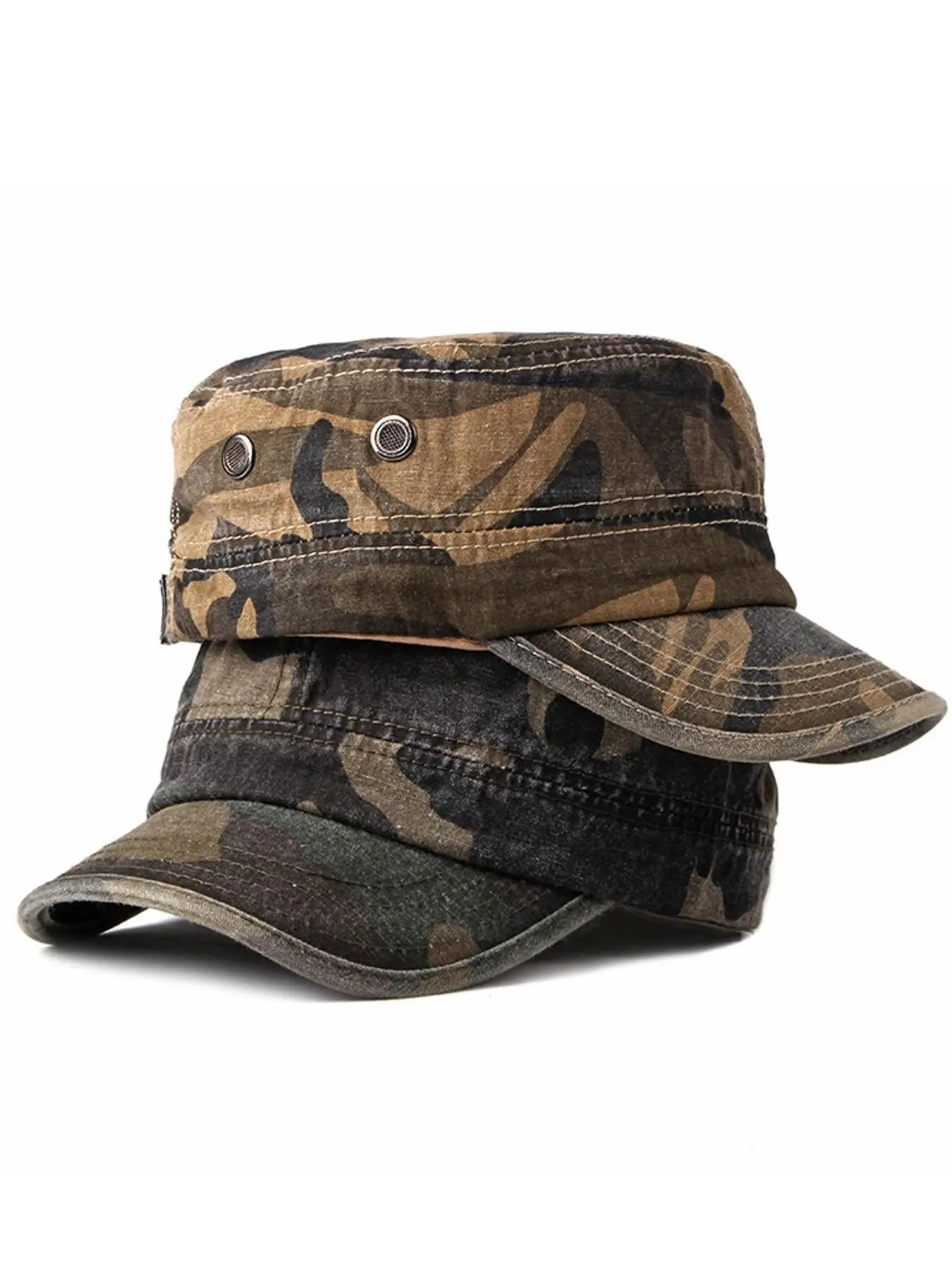 2 Pack Washed Outdoor Military Cadet Army Caps Unique Design Vintage Flat Top Hat Camo Graphic Trucker Hat Caps With Designs