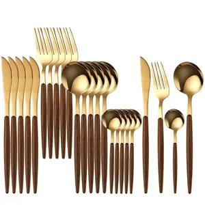 24pcs High-End Stainless Steel Cutlery Set, Modern Tableware Sets, Dinnerware Service Set, Wood Handle, Dishwasher Safe, Perfect for Hotel Weddings Family Gatherings, Gift Essential