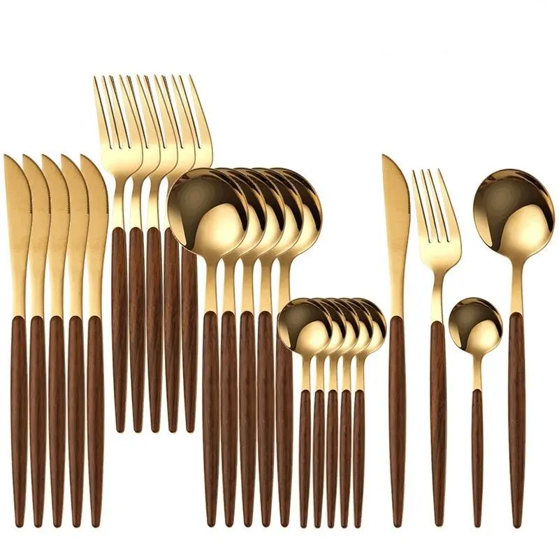 24pcs High-End Stainless Steel Cutlery Set, Modern Tableware Sets, Cutlery Service Kits, Dinnerware Service Set, Wood Handle, Dishwasher Safe, Perfect for Hotel Weddings Family Gatherings, Gift Essential