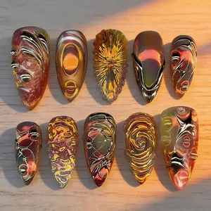 New Gold Hedgehog Nail Art Set, Valentine's Day, Removable Press-On Nails French Tip, Perfect for Women, Parties, Weddings, Gifts