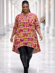African Pink Ankara High-Low Tunic Top – Short Sleeve Flowy A-Line Plus Size Statement Blouse