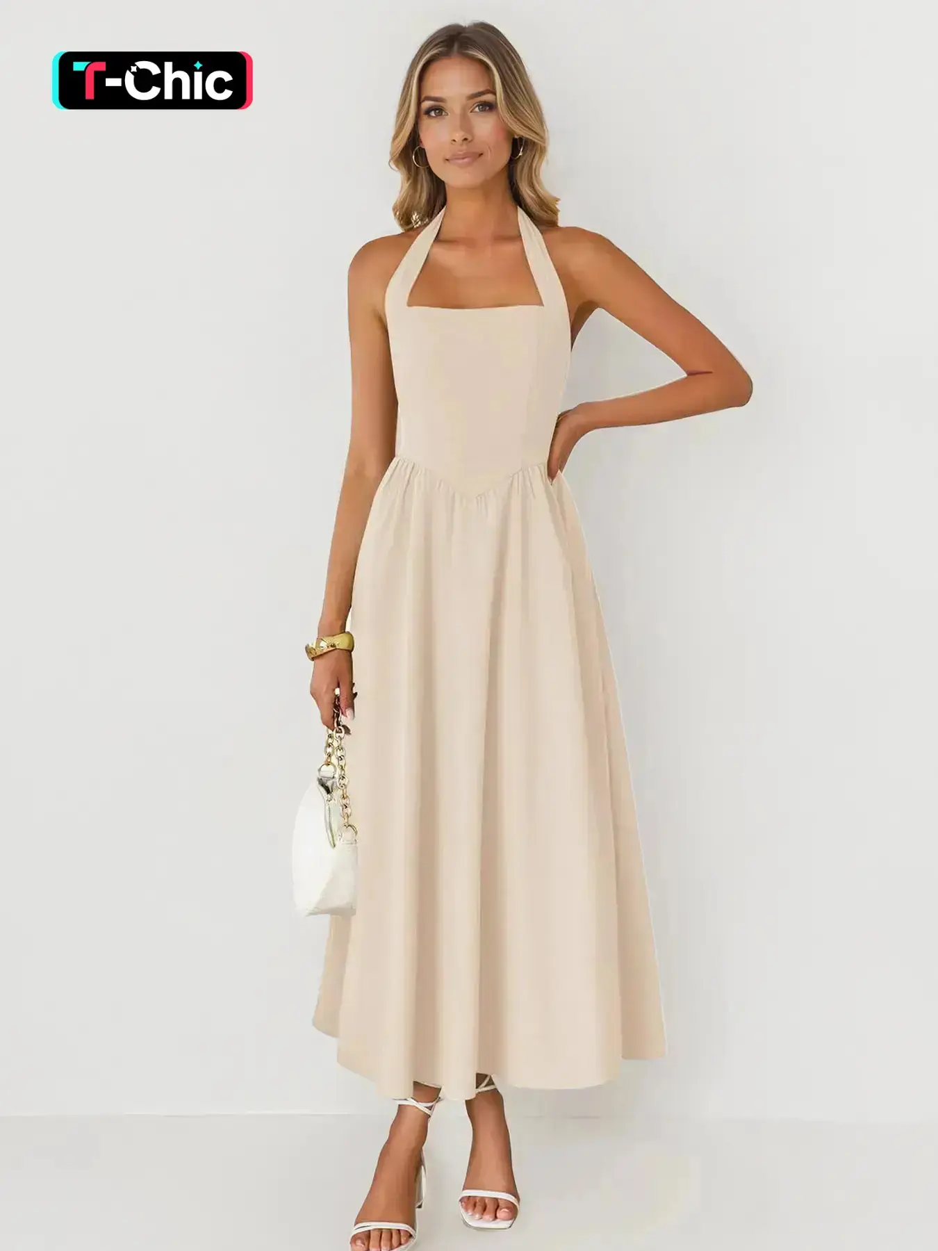 KatchMe Women's Casual Vibrant Chic Thin Waist Sleeveless Ruched Halterneck Maxi Dress