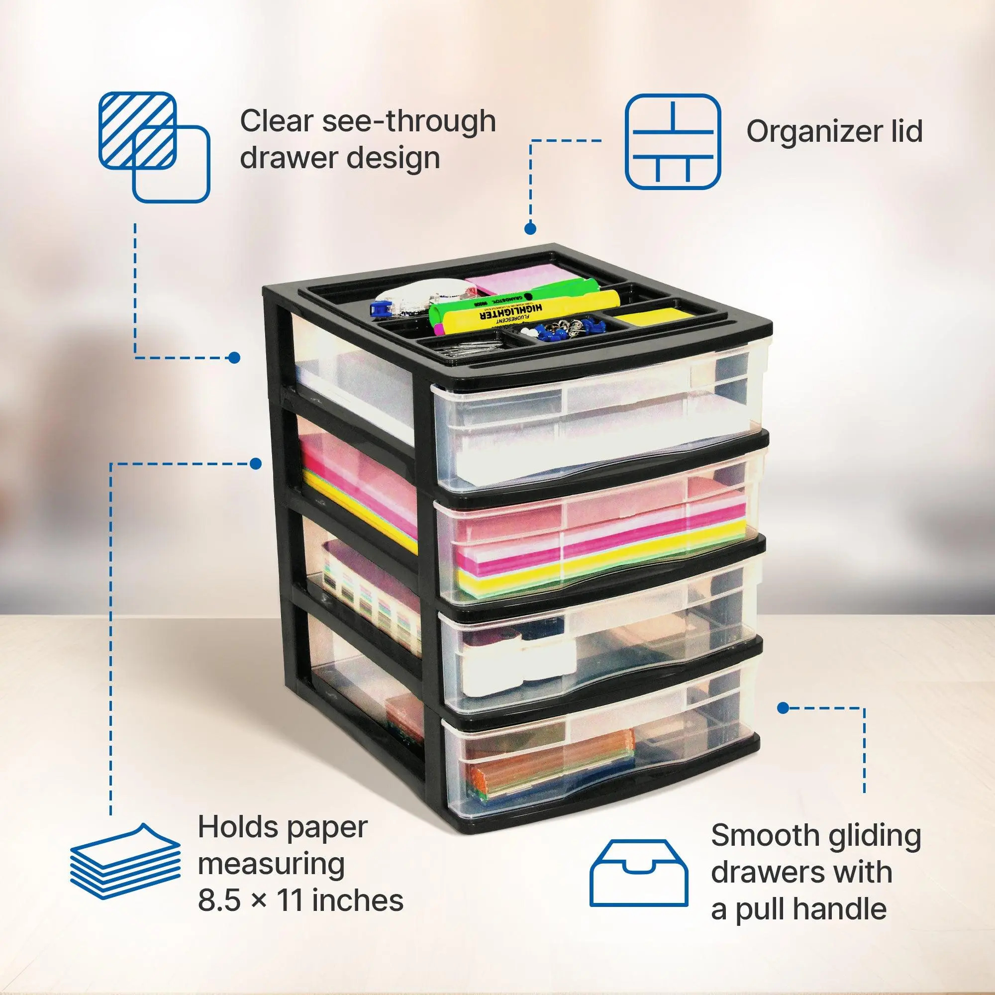 Gracious Living 4 Drawer Desktop Countertop Storage with Organizer Lid, Black Gracious Living 4 Drawer Desktop Countertop Storage with Organizer Lid, Black
