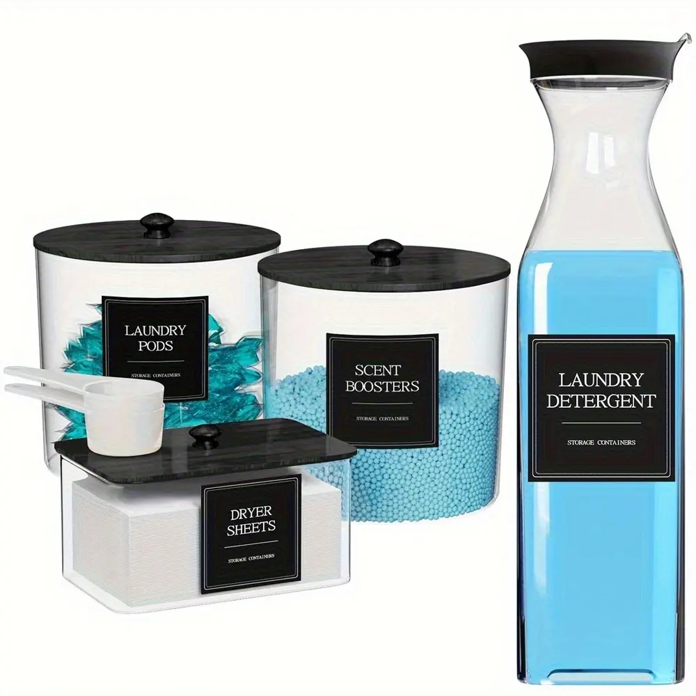 3+1 Laundry Storage Set, Home Organization Containers, Includes Soap Dispenser & Dryer Sheet Holder, Essential Detergent Accessories, Perfect for Organized Washrooms, Durable Plastic Material Canister Jar, Plastic Canisters