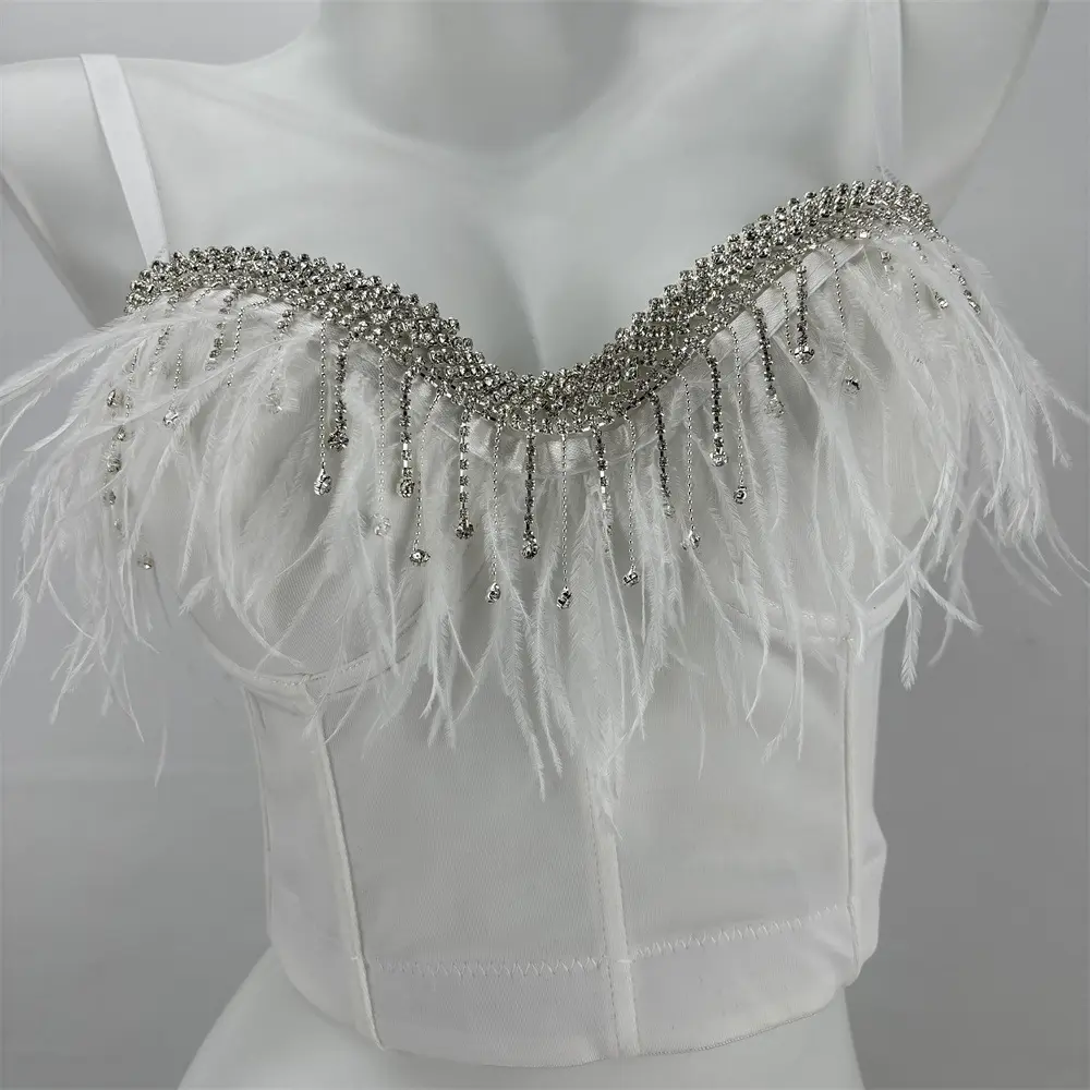Women's Sleeveless Handmade Feather Tassel Rhinestone Fishbone Corset Tank Top - Crop Sling Tube Vest Bra Shaper, Spring Summer Rave Wedding Party Outfits Inner Clothing