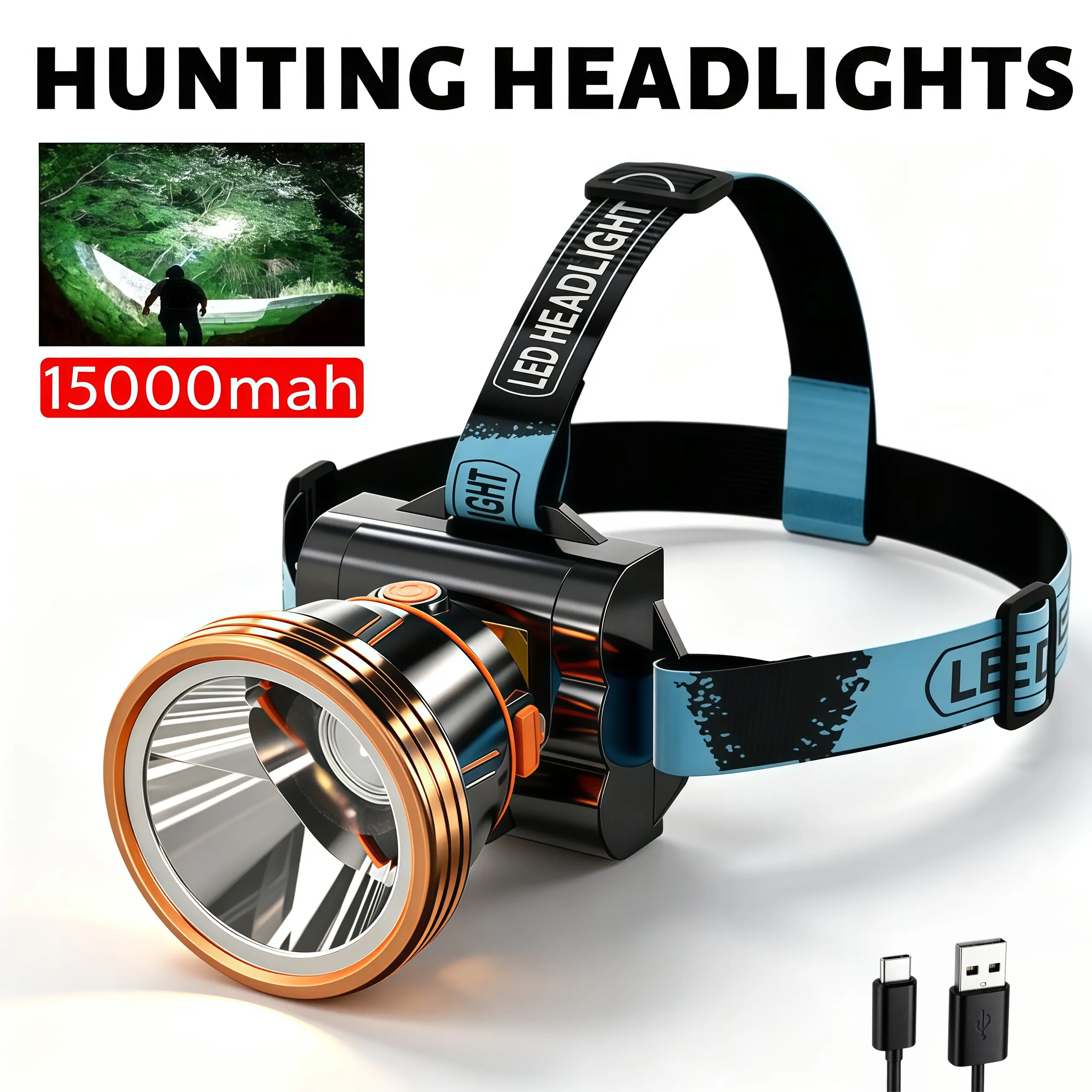 Rechargeable White Laser Headlamp with 15000mAh Cells, 4 Modes, Adjustable 90° Beam Focus, Wrist Strap, Flash, 90° Adjustable Beam & Hands-Free Design for Camping, Hiking, Sports & Outdoor Lights & Lanterns Tools