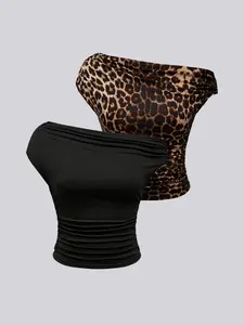 Y2K Leopard Print Fitted Asymmetrical Neckline Pleated Women's T-Shirt, Retro & Y2K Style, Minimalist Fashion Casual Versatile Outfit Suitable for Daily Outdoor, Home, Work, Dating, Gatherings, and Bars.