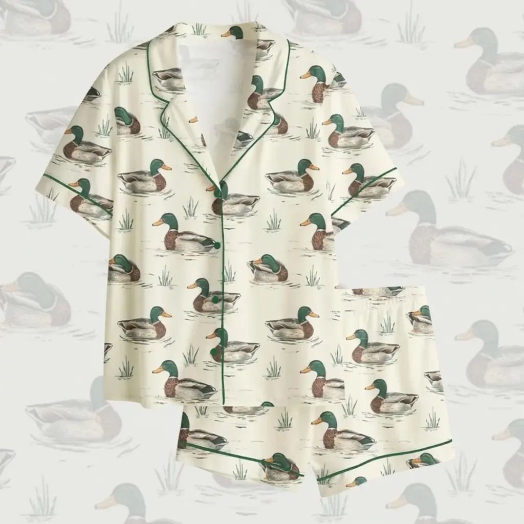 Duck Print Satin Pajama Set, Watercolor Mallard Duck Duck Hunting Satin Pajama Set, Fun & Stylish Mallard Duck Sleepwear, Pajama Gift For Her