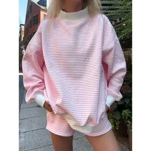 Light Pink and White Big Striped Mockneck Sweatshirt