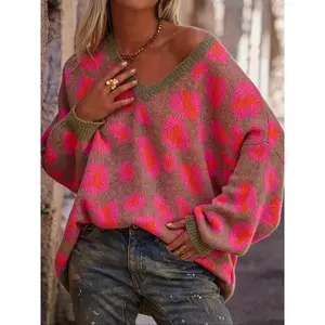 Women’s Autumn–Winter V-Neck Long-Sleeve Knit Sweater, Leopard Print Color-Block Design, Stylish and Cozy Fashion Top GARMENTARY