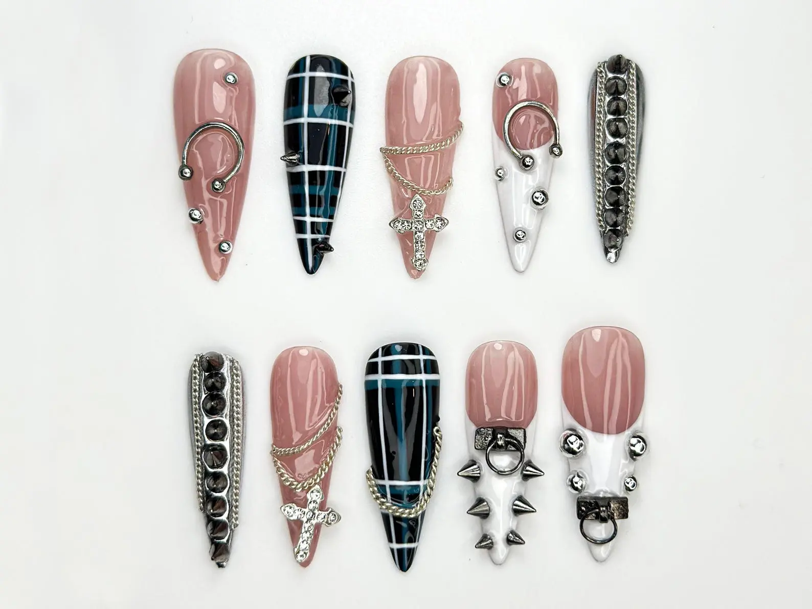 AuréNails – Punk Cross Chain Press On Nails | Gothic Plaid Nail Art | Spiked Pierced Punk Nails | Black White Silver Press Ons | Edgy Nail Set – AN14