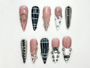 AuréNails – Punk Cross Chain Press On Nails | Gothic Plaid Nail Art | Spiked Pierced Punk Nails | Black White Silver Press Ons | Edgy Nail Set – AN14