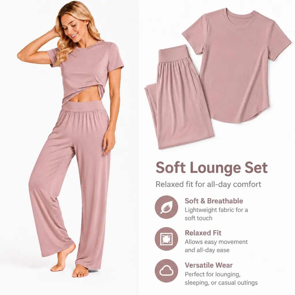 Women Dusty Pink 2 Piece Loungewear Matching Set, Crew Neck Short Sleeve Curved Hem T-Shirt + High Waist Elastic Pleated Wide Leg Pants With Side Pockets Soft Stretchy Knit Casual Daily Outfit