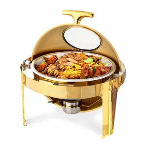 [FLASH SALE | ROVSUN ] 6 QT Roll Top Round Gold Chafing Dish Buffet Set with Visible Window