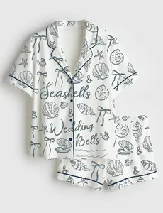 Seashells and Wedding Bells Satin Pajama Set, Coastal Bridal Party Silk Pjs, Short Sleeve Luxury Sleepwear, Beach Wedding Bride Lounge