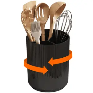 Utensil Holder for Kitchen Counter, Cooking Silverware Caddy with Non-Slip Rotating Base, Large 3 Compartment Plastic Spoon Spatula