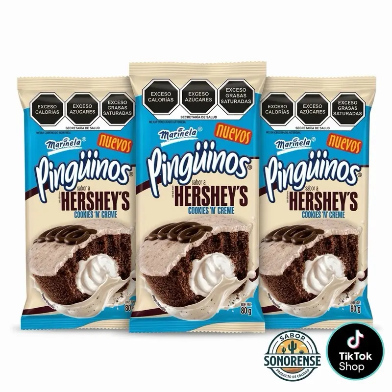 Marinela Pingüinos Hershey’s Cookies ‘N’ Creme – 3 Pack | Mexican Chocolate Snack Cakes (240g)