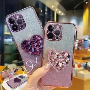 Glitter Phone Case with Heart Shaped Bracket, 1 Count Fashion Phone Protective Cover, Phone Casing Accessories Compatible with iPhone Series, Protector, Smartphone