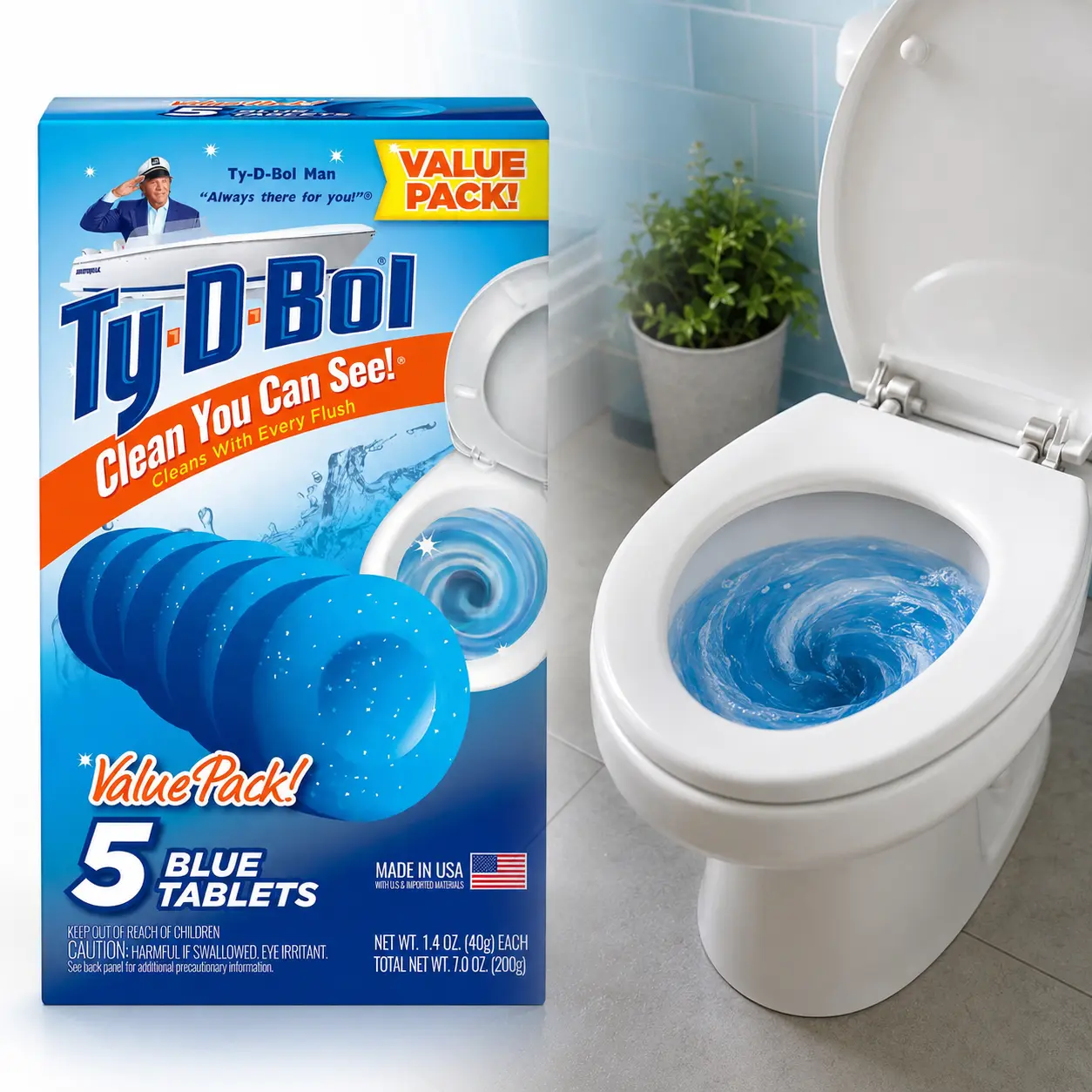 Ty-D-Bol 1.4 oz Toilet Bowl Cleaning Tablets 5 Pack,in-tank tablets,automatic clean,deodorizes,blue water,hard water stains,lime scale,rust marks,mineral buildup,toilet tank,toilet bowl,between scrubs,drop-in tablet,flush cleaning,pet safe,kid safe,5 ct